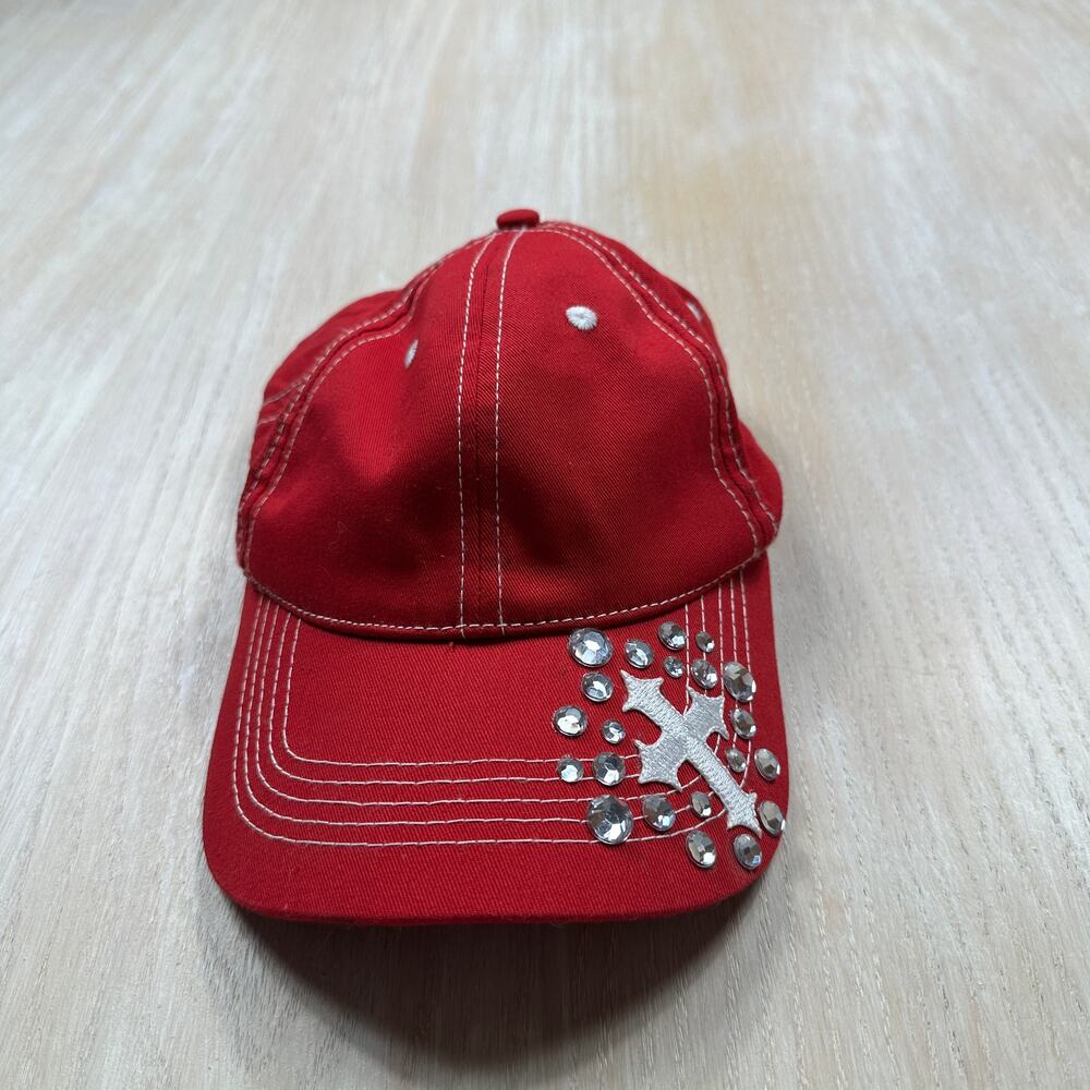 Red Rhinestone Cross Y2K Bling Christian Contrast Stitch Baseball Cap Hat OS
